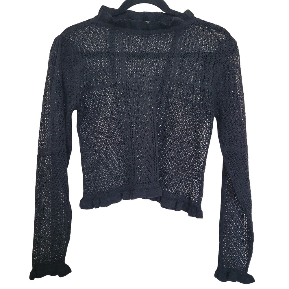 ZARA Black Knit Pullover Sweater Ruffle Neck Long Sleeve M Women
